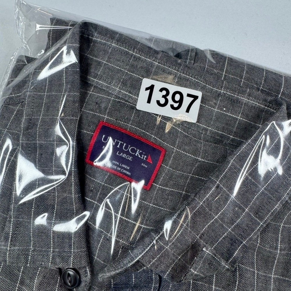 UNTUCKit Linen Button Down Shirt Mens Large Gray Plaid Long Sleeve Windowpane - Picture 8 of 8